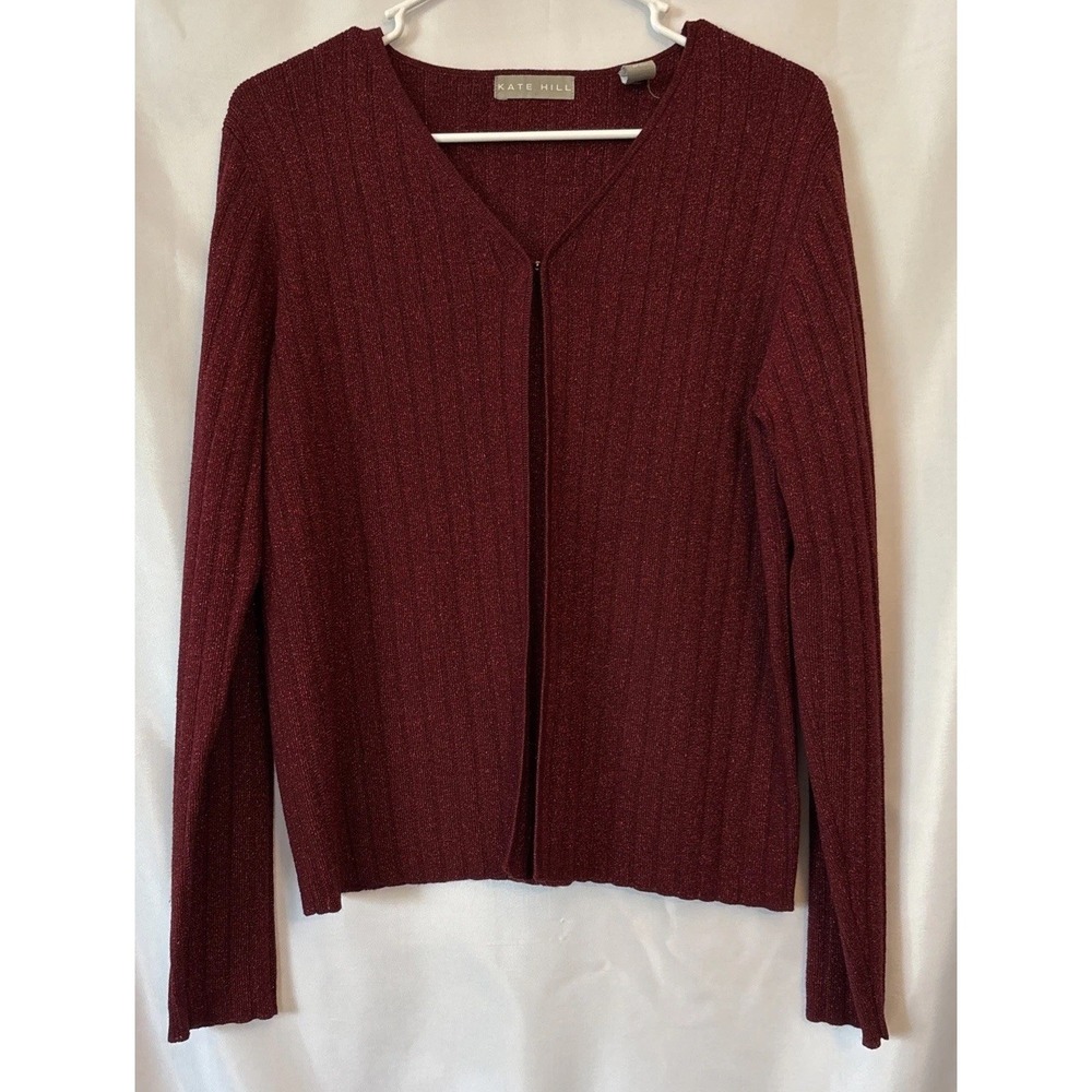 Women's Kate Hill Red Metallic Open- 1 Clasp Rib Knit Cardigan Sweater Women's M